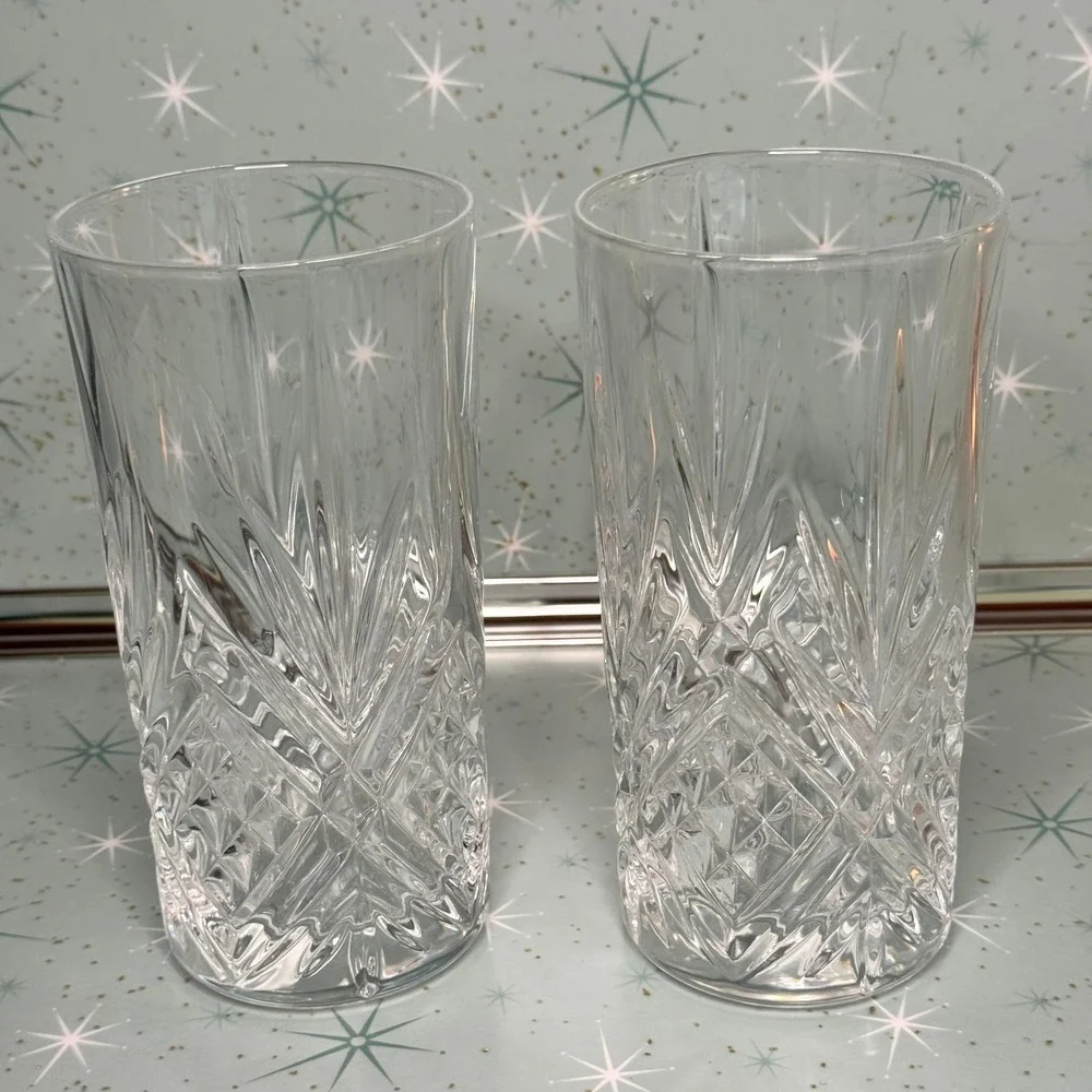 Set of 2 Crystal Highball Glasses Cut Starburst Pattern Vintage Barware 6 inches